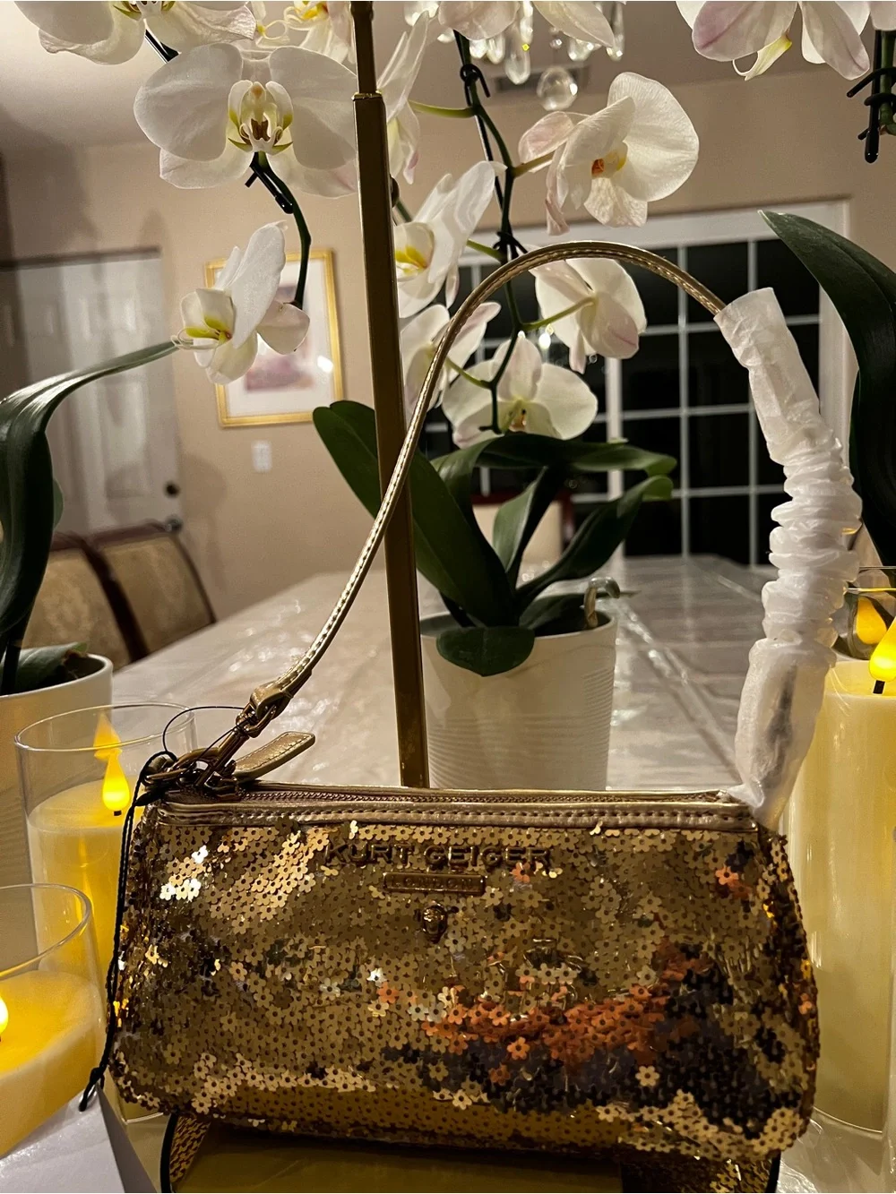 Kurt Geiger London Small Highgate Gold Sequin Baguette Shoulder Wristlet Bag NWT